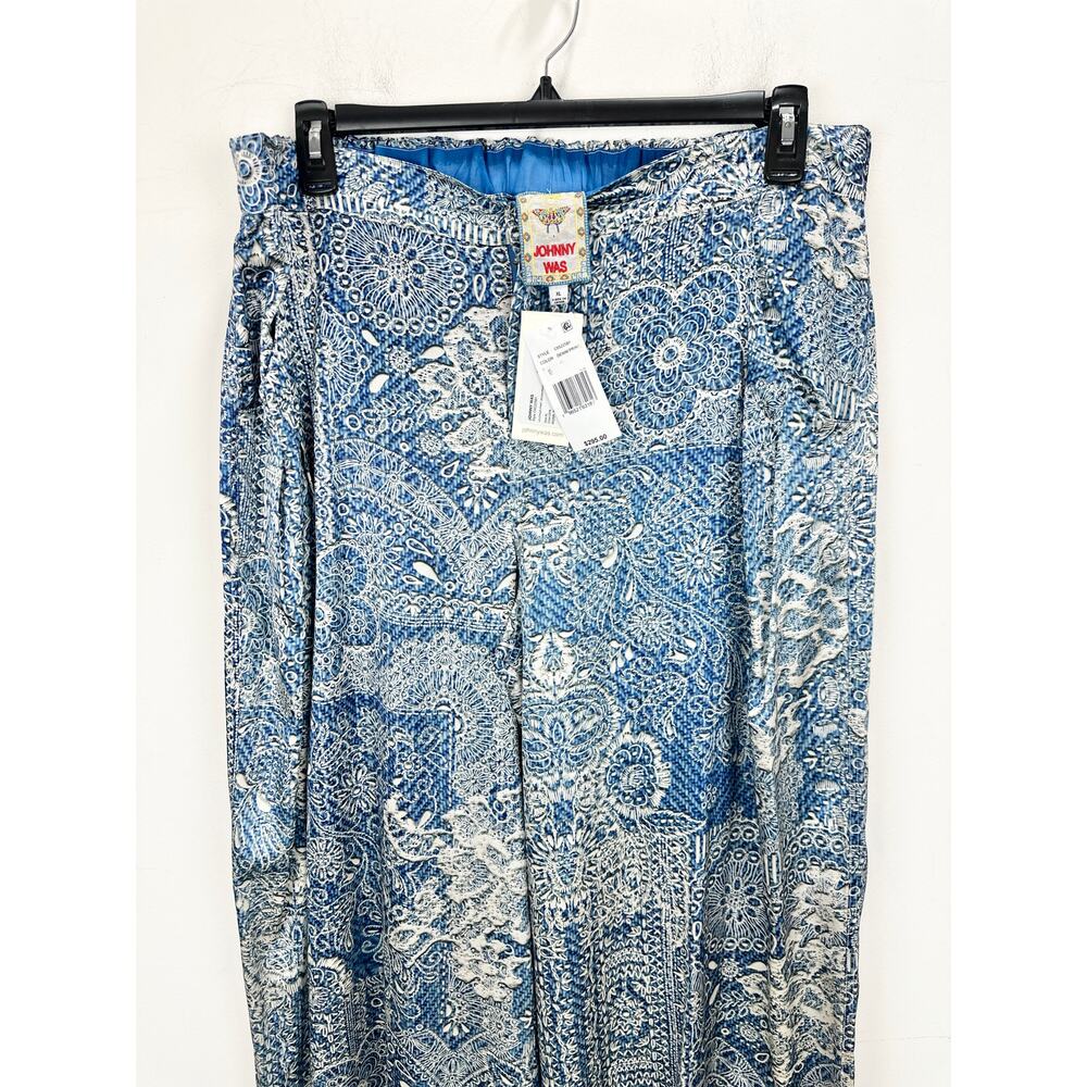 Johnny Was Lauchlen Wide Leg Silk Pants Denim Printed Satin Resort Blue XL NWT - Picture 6 of 12